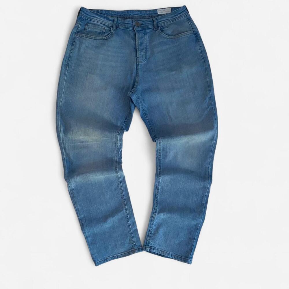 Blue denim straight leg jeans with a relaxed straight fit